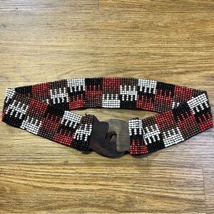 Bead Stretch Belt Red Wide Geometric Boho Southwest Wooden Clasp Anthropologie